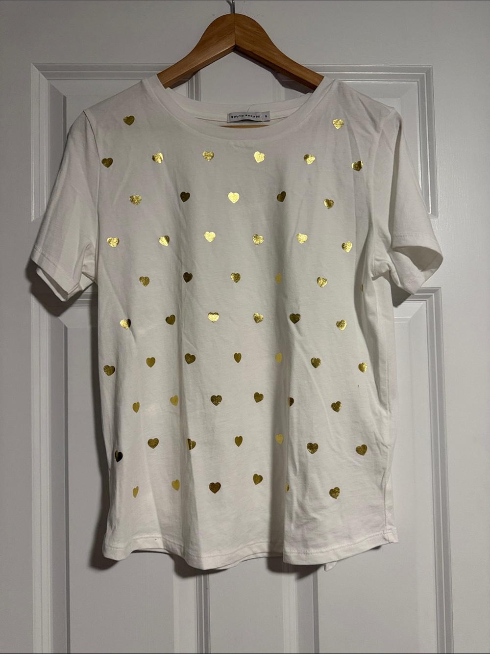White Short Sleeve Tee with Gold Heart Accents